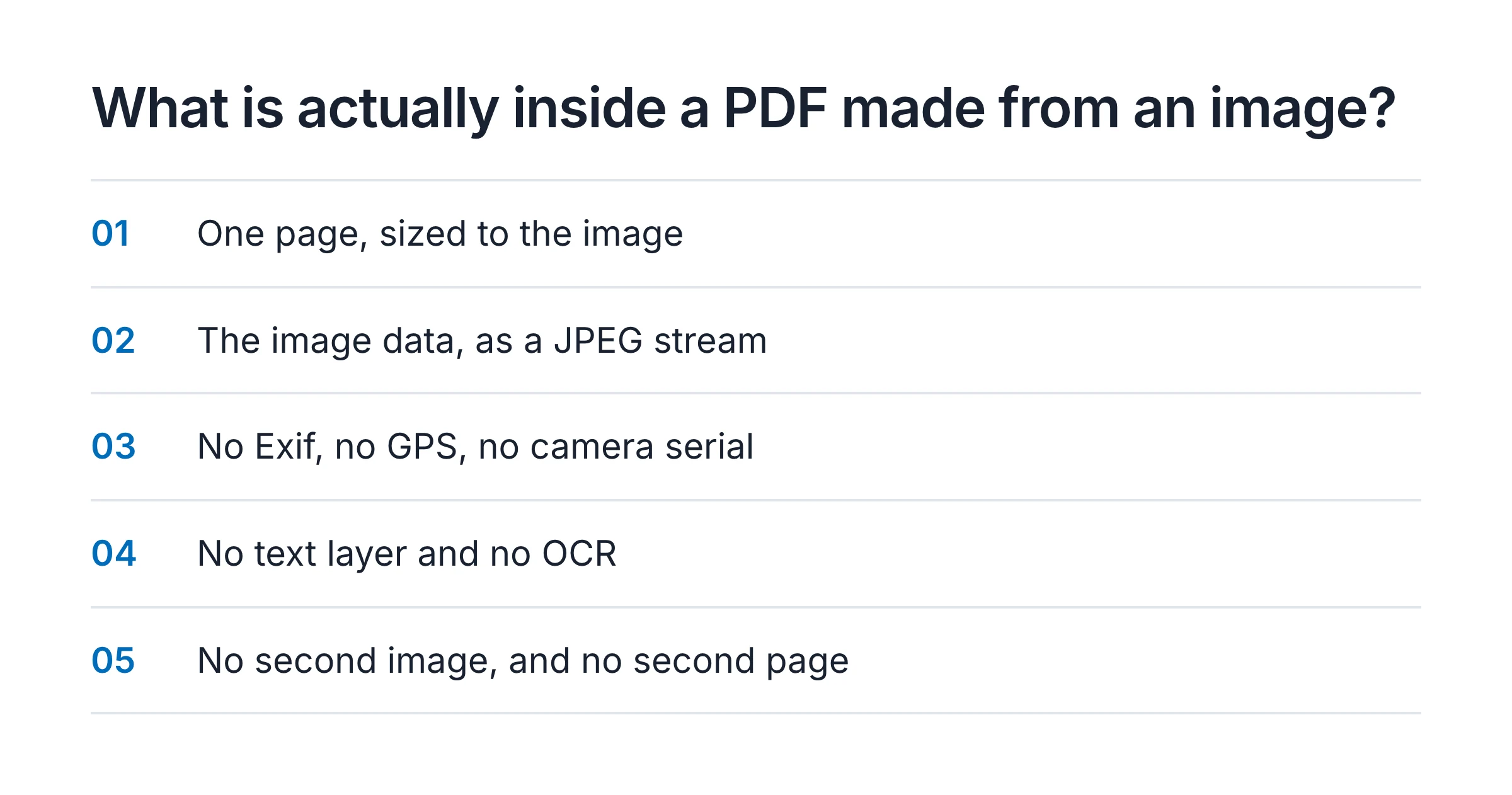 Checklist card listing what is inside a PDF made from an image: one page sized to the image, the image data as a JPEG stream, no Exif, no GPS, no camera serial, no text layer and no OCR, no second image and no second page